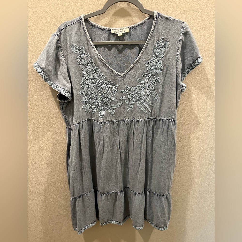 Light blue denim babydoll dress with embroidery